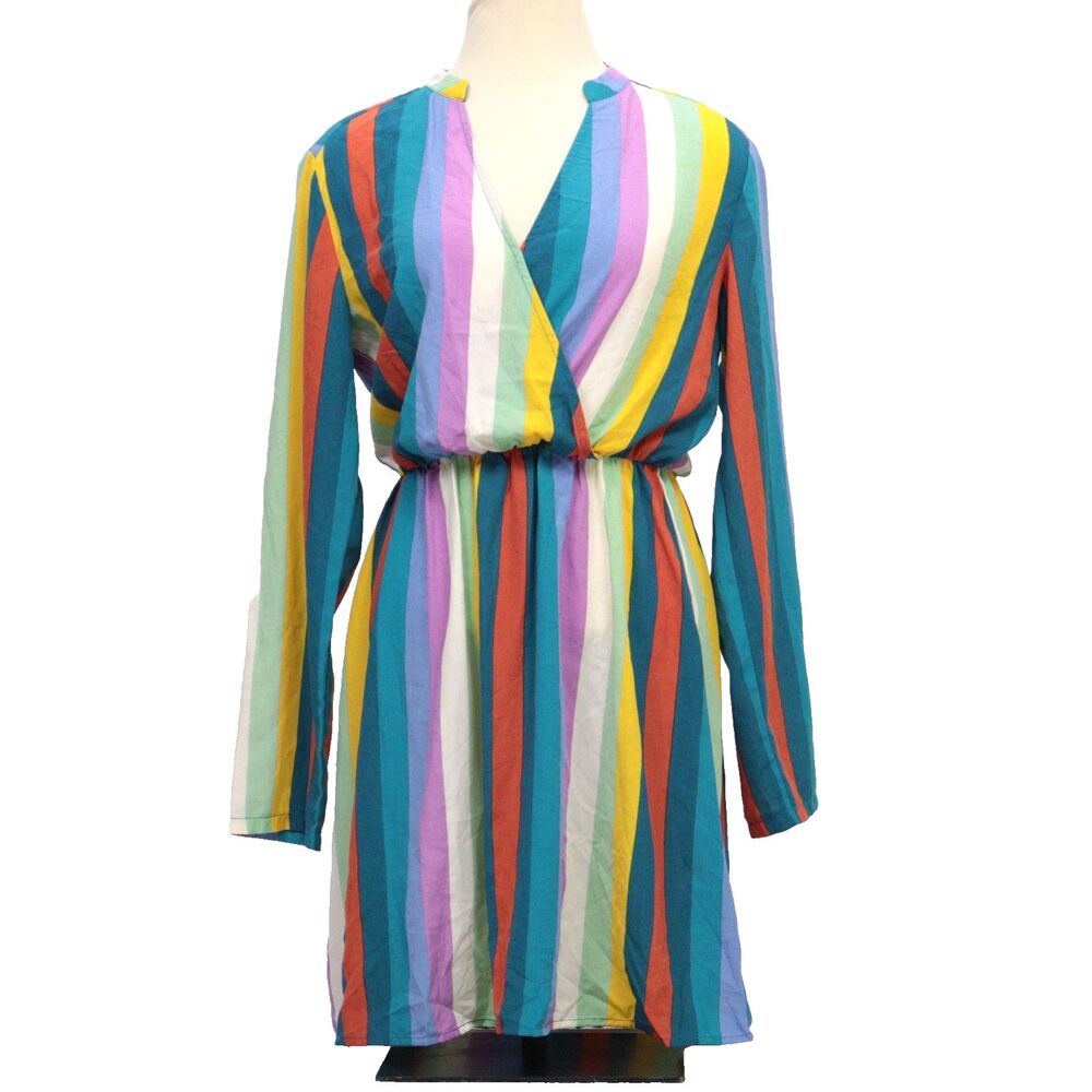 Rainbow Striped Women Dress‎ Medium V-Neck Long Sleeve Midi Colorful Art to Wear